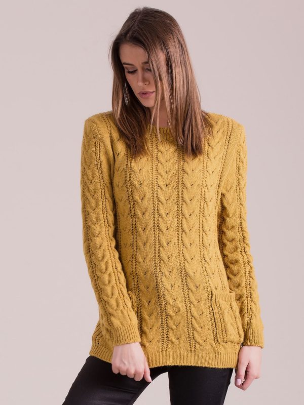 Wholesale Mustard sweater with braids with pockets