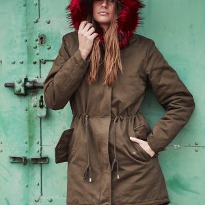 Wholesale Khaki padded parka jacket with burgundy fur collar