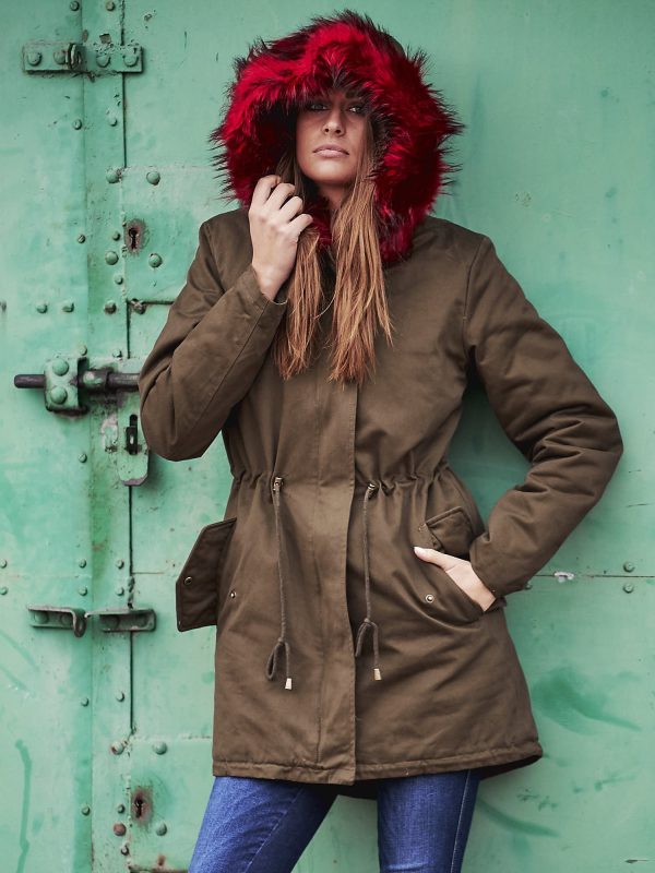 Wholesale Khaki padded parka jacket with burgundy fur collar