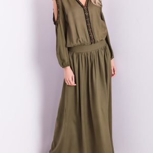 Wholesale BY O LA LA Khaki maxi dress with shoulder cutouts