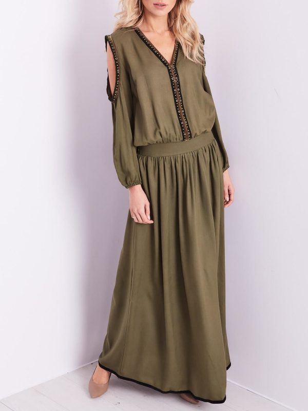 Wholesale BY O LA LA Khaki maxi dress with shoulder cutouts