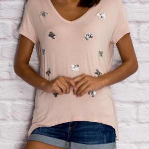 Wholesale Women's T-shirt with sequin butterflies light pink