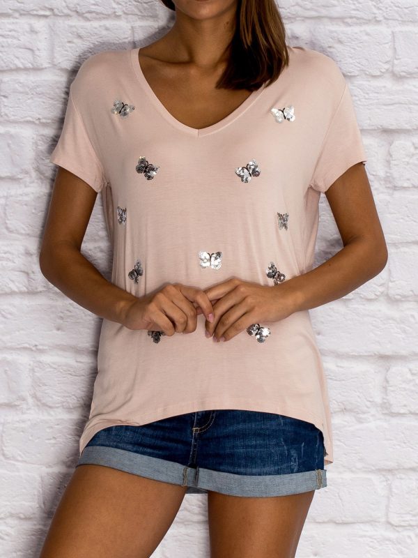 Wholesale Women's T-shirt with sequin butterflies light pink