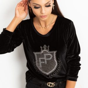 Wholesale Black velvet sweatshirt with coat of arms from rhinestones