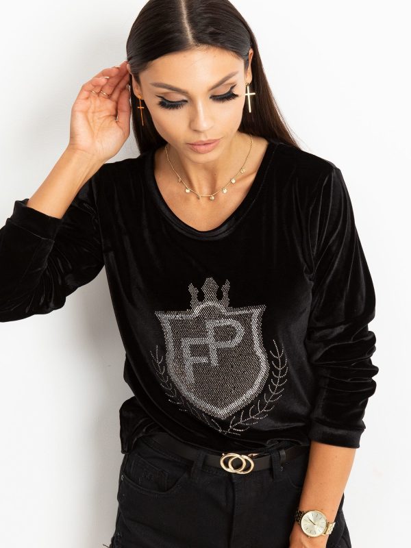 Wholesale Black velvet sweatshirt with coat of arms from rhinestones