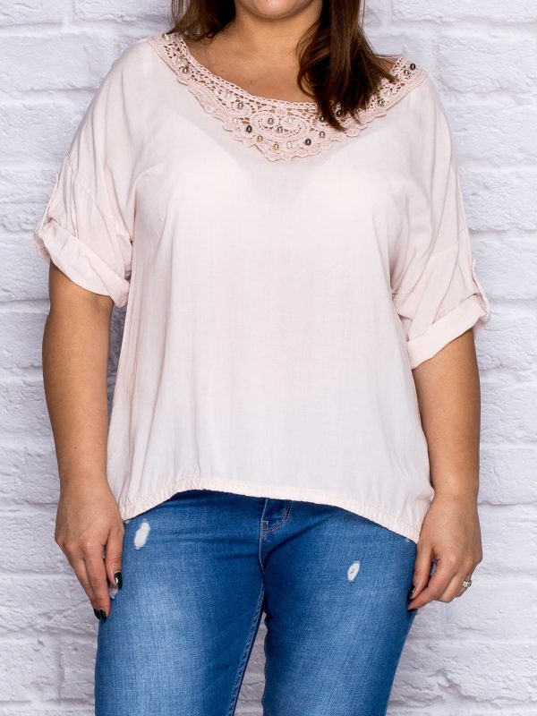 Wholesale Light pink oversize blouse with lace insert and pearls