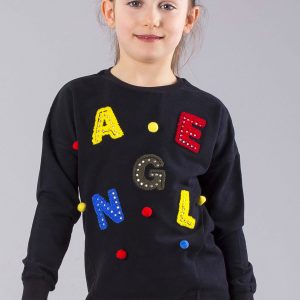 Wholesale Black sweatshirt for girls with appliqué and pomponics