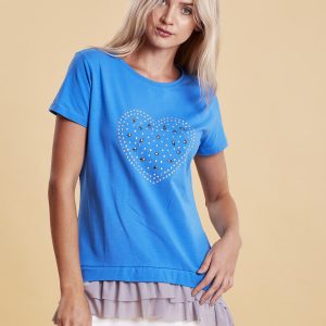 Wholesale Blue t-shirt with glossy applique and tulle insert