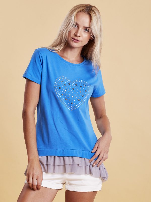 Wholesale Blue t-shirt with glossy applique and tulle insert