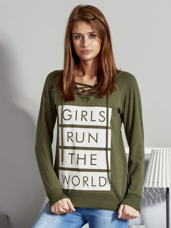 Wholesale Khaki lace-up sweatshirt with inscription