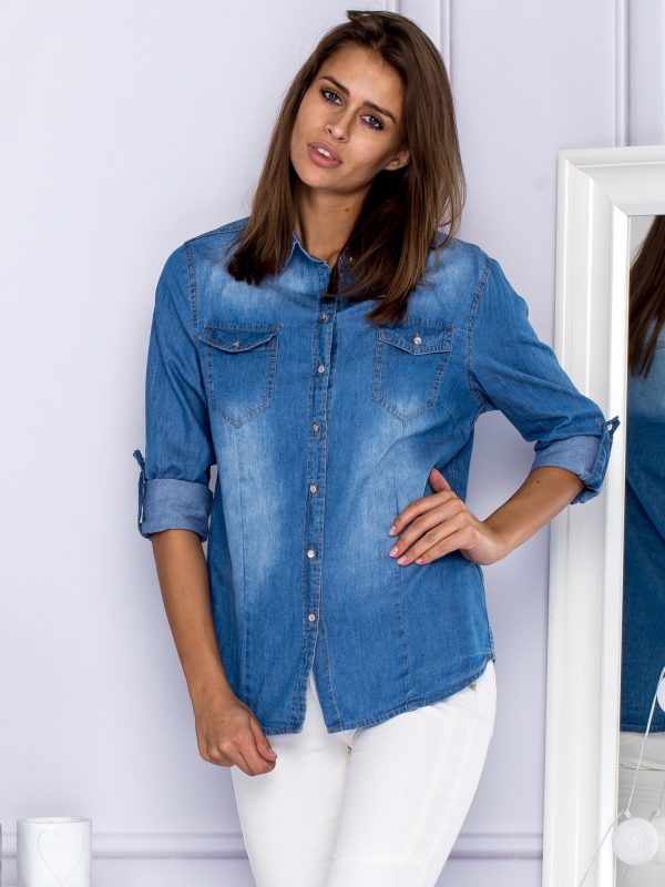 Wholesale Denim shirt with pockets blue