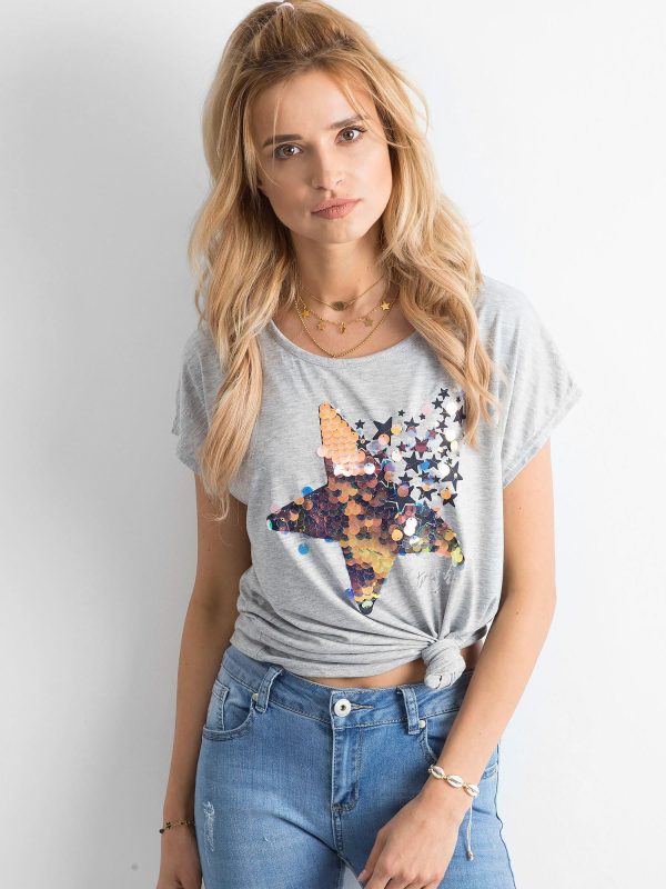 Wholesale Grey t-shirt with sequin applique