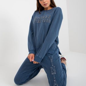 Wholesale Dark Blue Loose Casual Set with Patches