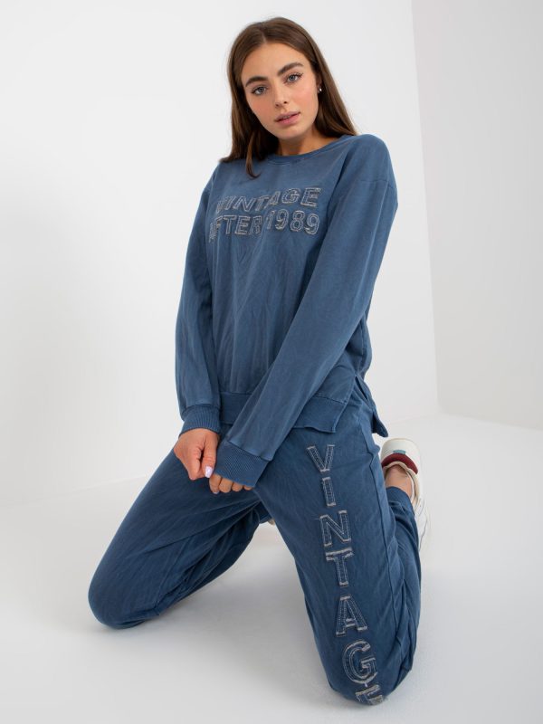 Wholesale Dark Blue Loose Casual Set with Patches