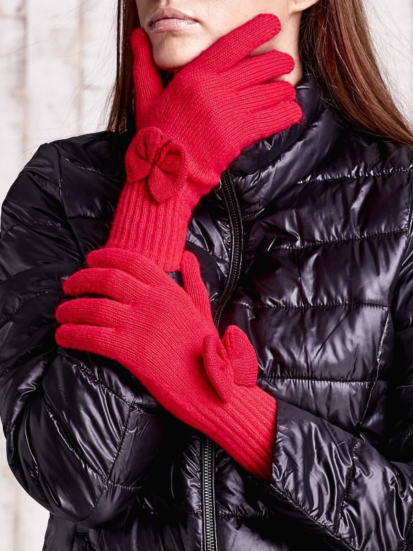 Wholesale Red gloves with bow and long ribbing