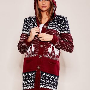 Wholesale Burgundy Norwegian Pattern Hooded Sweater