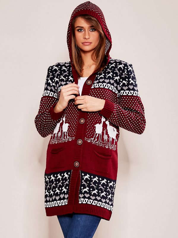 Wholesale Burgundy Norwegian Pattern Hooded Sweater