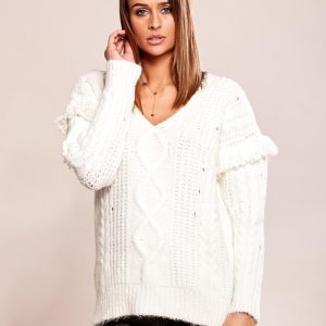 Wholesale Ecru sweater in braids with fringes