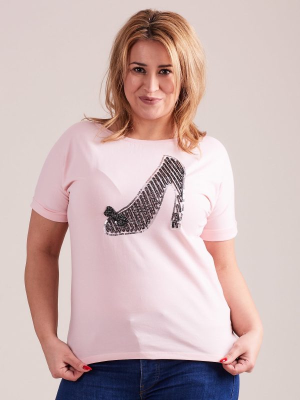 Wholesale Pale pink T-shirt with sequin slipper PLUS SIZE