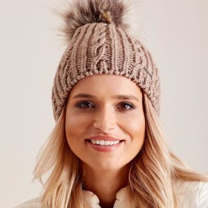 Wholesale Dark beige hat with pompom in braids