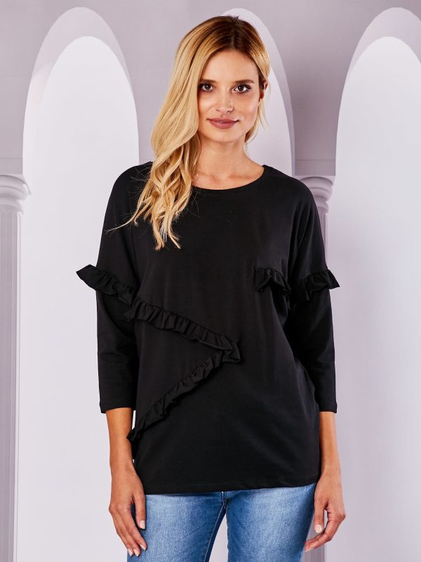 Wholesale Black blouse with asymmetrical flounces