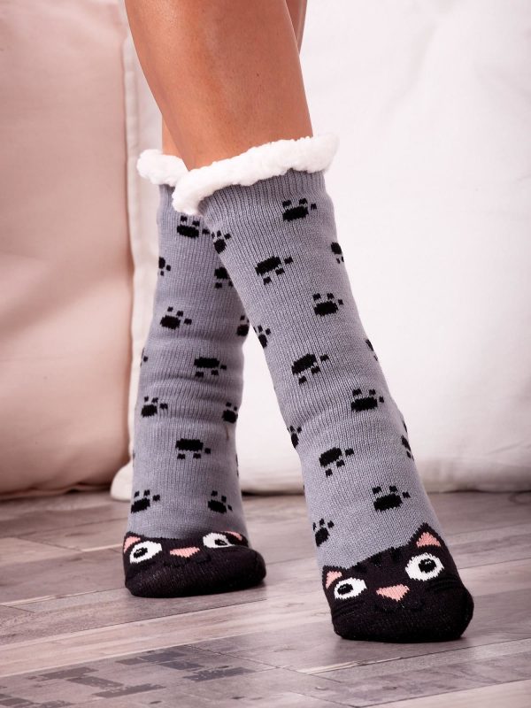 Wholesale Grey socks for the winter with a cat motif