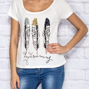 Wholesale T-shirt with feather motif white