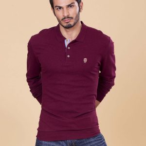 Wholesale Men's Burgundy Long Sleeve Polo Shirt