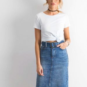 Wholesale Blue denim midi skirt with belt