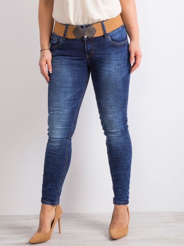 Wholesale Blue denim pants with plus size belt