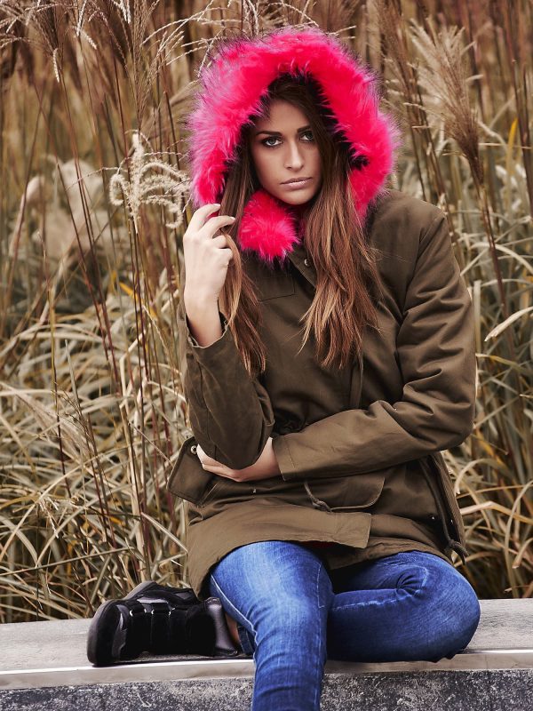 Wholesale Khaki padded parka jacket with pink fur collar