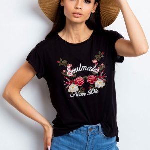 Wholesale T-shirt with embroidered flower print black