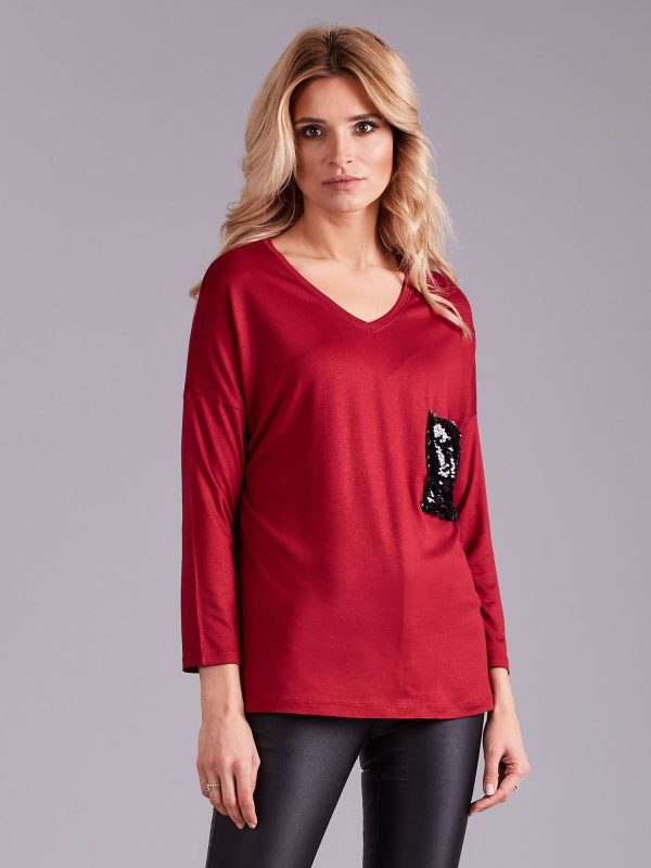 Wholesale Burgundy blouse with sequin pocket