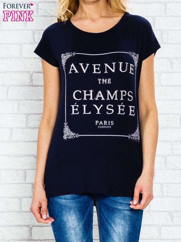 Wholesale Navy blue t-shirt with inscription AVENUE THE CHAMPS ÉLYSÉE