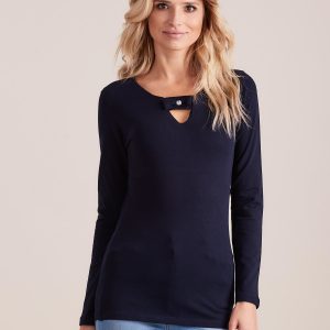 Wholesale Navy blue fitted blouse with decorative neckline