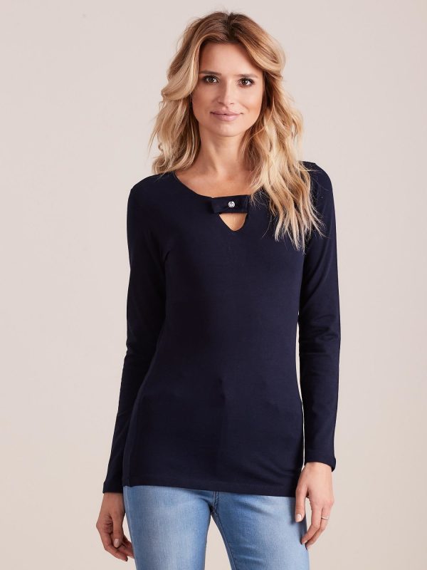 Wholesale Navy blue fitted blouse with decorative neckline