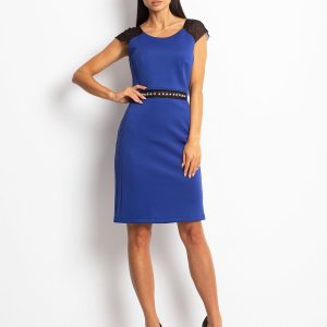 Wholesale Cobalt cocktail dress with mesh inserts at the neckline