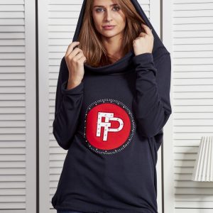 Wholesale Navy blue sweatshirt for women with appliqué and ribbing at the bottom