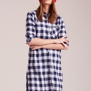 Wholesale Navy blue plaid shirt with longer back