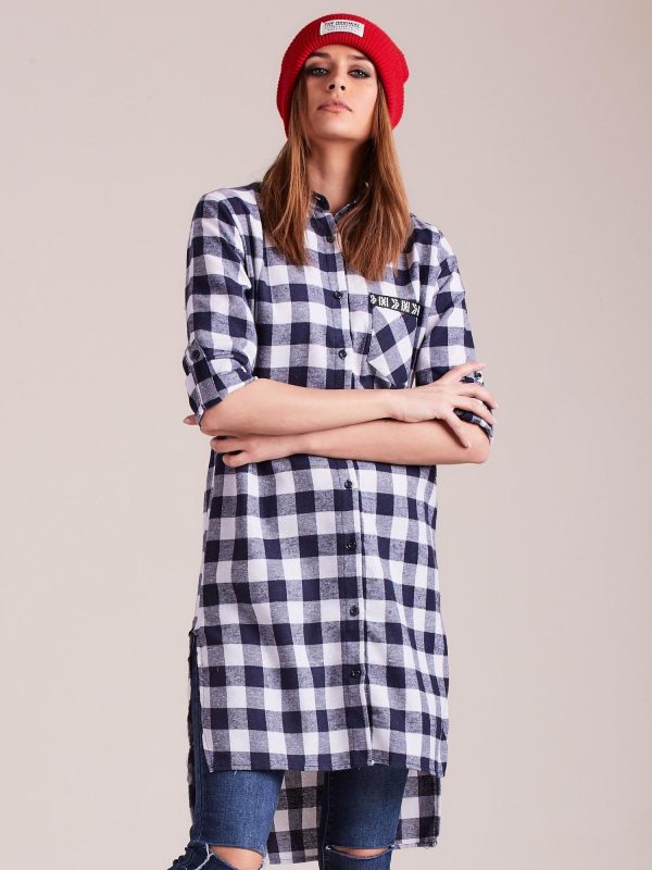 Wholesale Navy blue plaid shirt with longer back