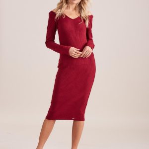 Wholesale Burgundy fitted cold shoulder dress