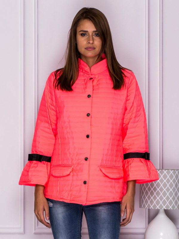 Wholesale Quilted transitional jacket with bows on sleeves fluoride pink