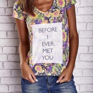 Wholesale Purple floral t-shirt with inscription BEFORE I EVER MET YOU