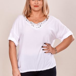 Wholesale White oversize blouse with lace insert and plus size beads