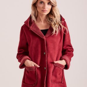 Wholesale Burgundy sheepskin coat with hood