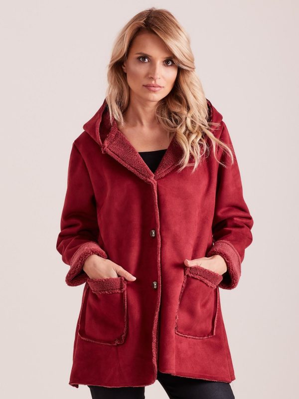 Wholesale Burgundy sheepskin coat with hood