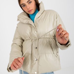 Wholesale Light beige eco leather winter jacket with pockets