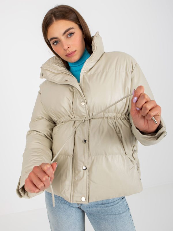 Wholesale Light beige eco leather winter jacket with pockets