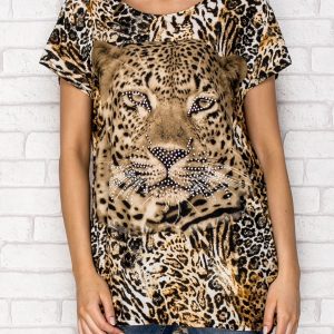 Wholesale Dark brown panther print t-shirt with rhinestones