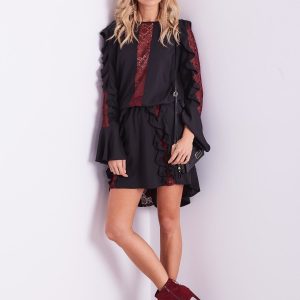 Wholesale BY O LA LA Black and burgundy dress with flounces and lace